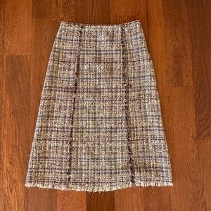 Diane Von Furstenberg Multi Tweed A-Line Fringe Trimmed Midi Skirt size 6
